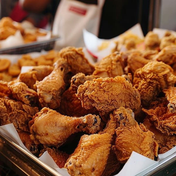 Close-up of a large tray filled with crispy, golden-brown fried chicken pieces at Chicken Holiday.