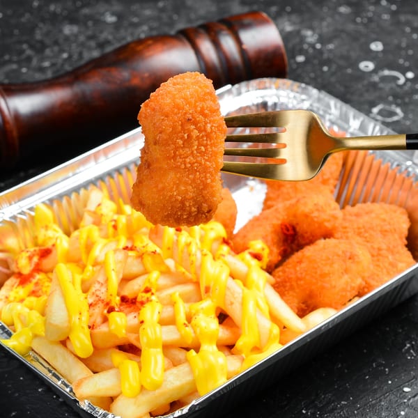 A golden fork lifts a crispy fried chicken tender from a foil container of cheesy fries and tenders.